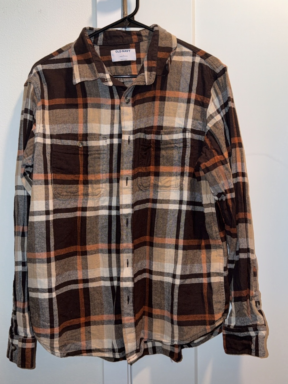 Old Navy Men's Brown, Cream & Orange Plaid Button-Down Shirt